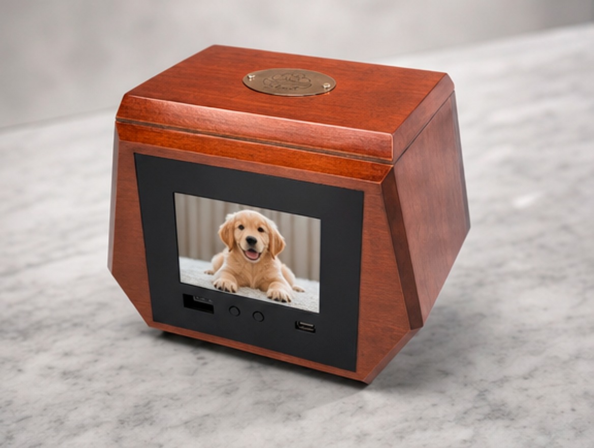 Urna memorial ShantiBond de madera con pantalla audiovisual integrada